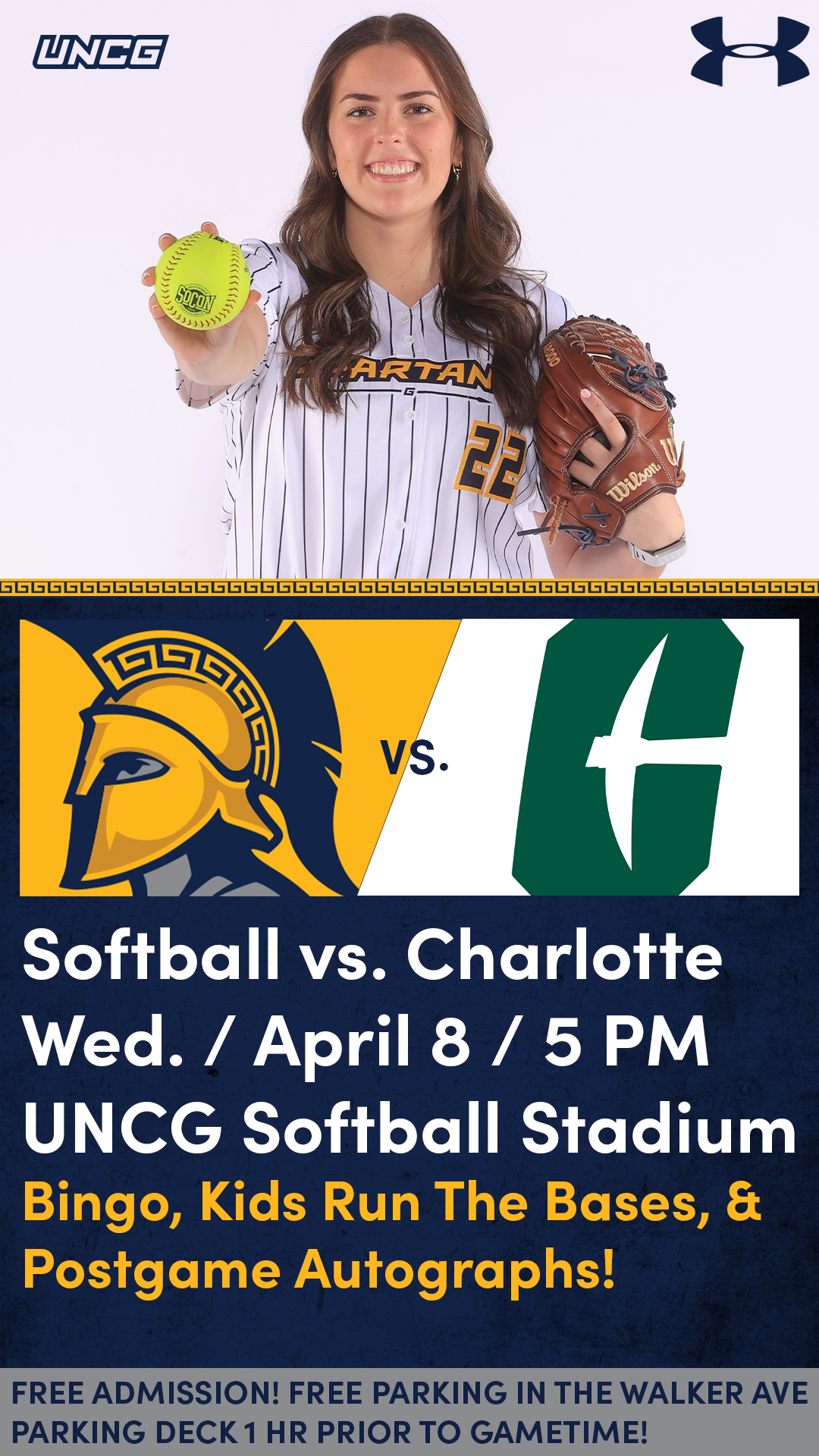 UNCG Softball vs Charlotte, Wednesday April 8 at 5pm.